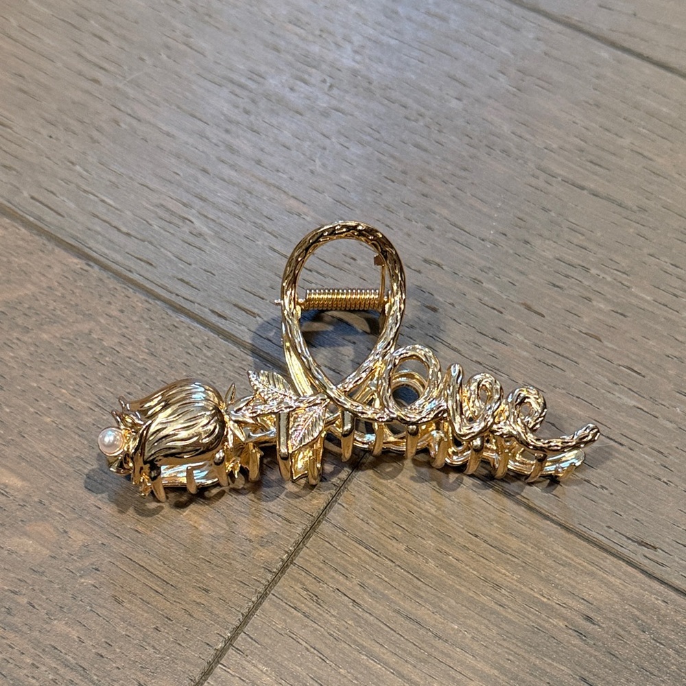 Gold Love Hair Clip with Pearl Accent